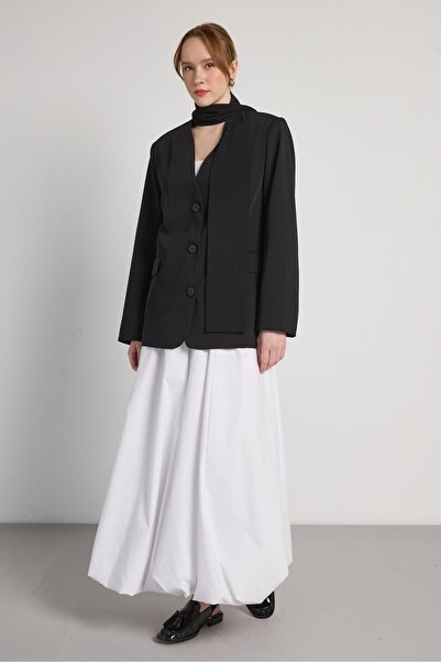 minaaise Women's Black Scarf Detailed Lined Jacket 31001