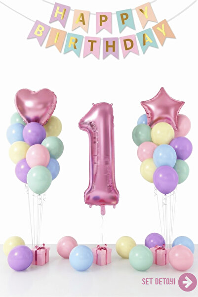 Bunloon Makaron 1 Yaş Doğum Günü Balon Seti Happy Birthday Parti Süsleri