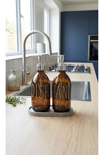 PitrakStore Stone Stand Silver Cap 2-Piece 500 ml Amber Glass Liquid Soap Dis...