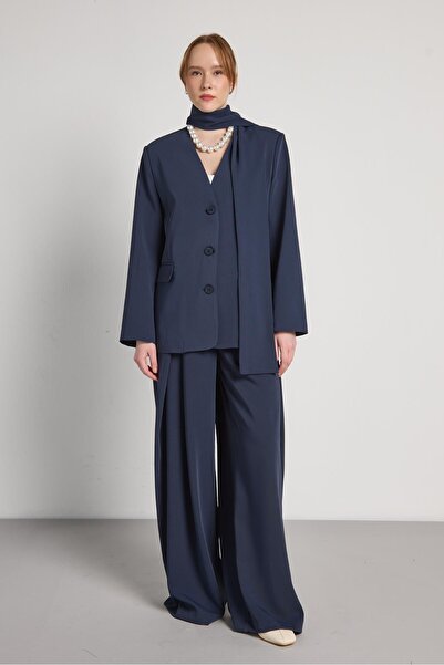 minaaise Women's Navy Blue Scarf Detailed Lined Jacket 31001