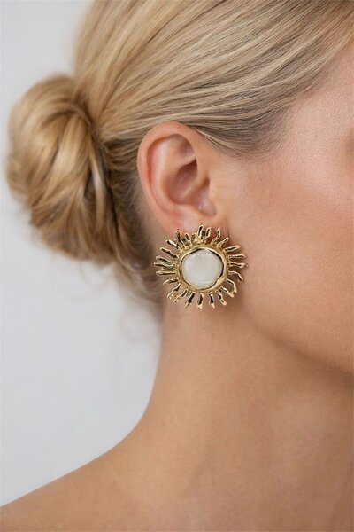 MatmazelLavinya White Pearlescent Sun Gold Earrings