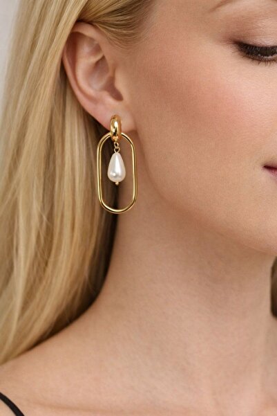 MatmazelLavinya Pearl stone paperclip form gold earring