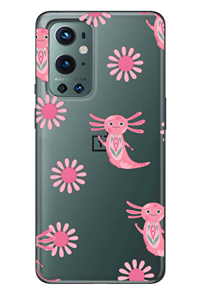 FLAMENKO حافظة هاتف شفافة متوافقة مع One Plus 9 Pro باللون الوردي Aksolotl منقوش