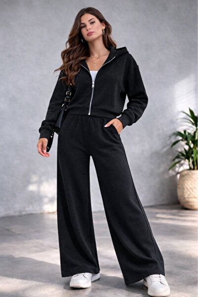 CGA Women's Hooded Zippered Set Hooded Zippered Palazzo Sweatpants Brioche Kn...