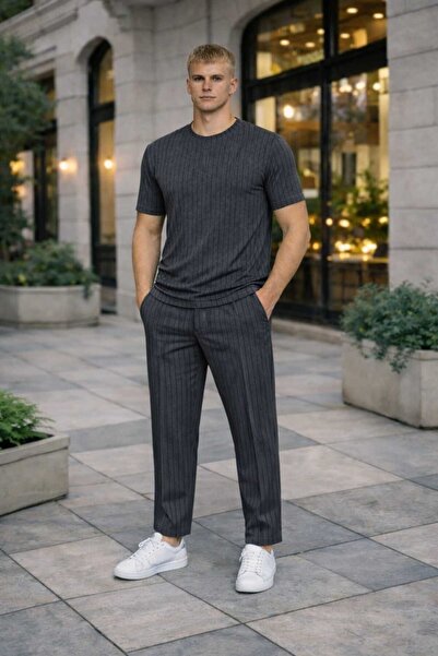 BRLKN Men's Stripe Detailed Crew Neck Crepe T-Shirt Tracksuit Set