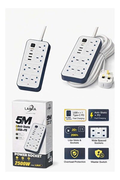 Generic Labra 5 Meters Extension Lead with Multiple Function UK Plug 3 Pin So...