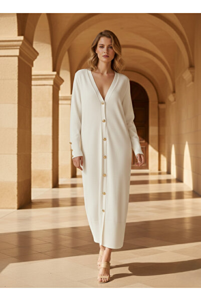 ÖRKCÜ Women's Long Knitwear Cardigan V-Neck Buttoned Front Maxi Length