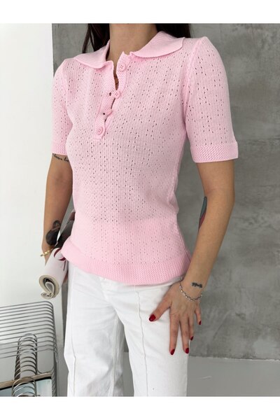 CLB COLLECTION Women's Black Polo Neck Short Sleeve Knitwear