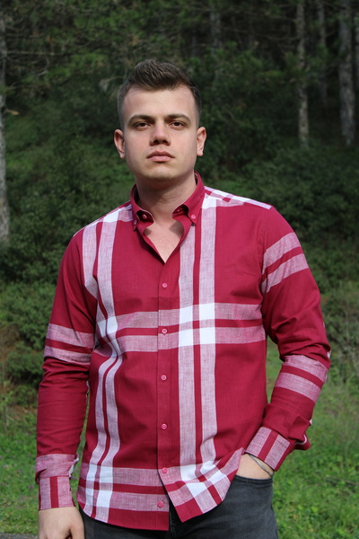 BAŞKONT Gömlek Slim Fit Düğmeli Yaka Ekose Kırmızı %100 Pamuk Keten Erkek Gömlek