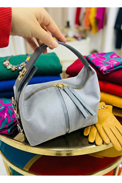 Çanta Trend Gray Suede with Accessories Zip Detail Women Clutch Bag