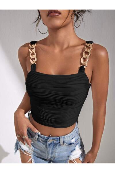 MOONBULL Γυναικεία χρυσή μπλούζα Τιράντα αλυσίδας τεμαχίων ντραπέ Κοντό – Κομ...