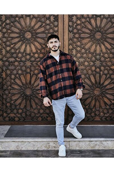 noliva bebek ve çocuk Men's Brick Black Plaid Lumberjack Shirt