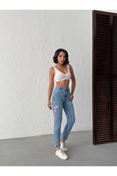 ADAMODA.RO Blugi mom fit cu broderie florală