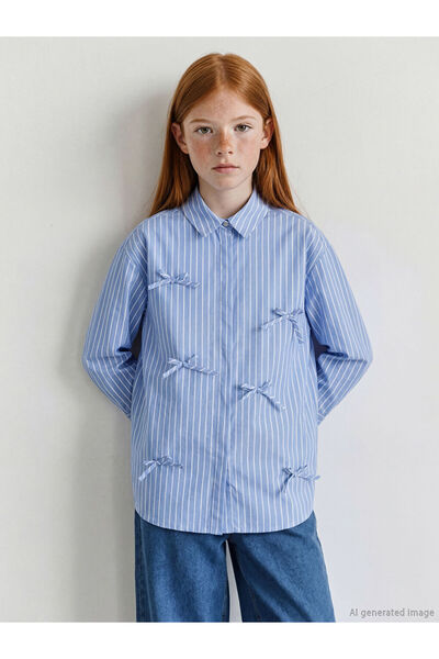 LC Waikiki LCW Girls Studio Blue Λεπτομέρεια με φιόγκο Ριγέ Κοριτσίστικο πουκ...