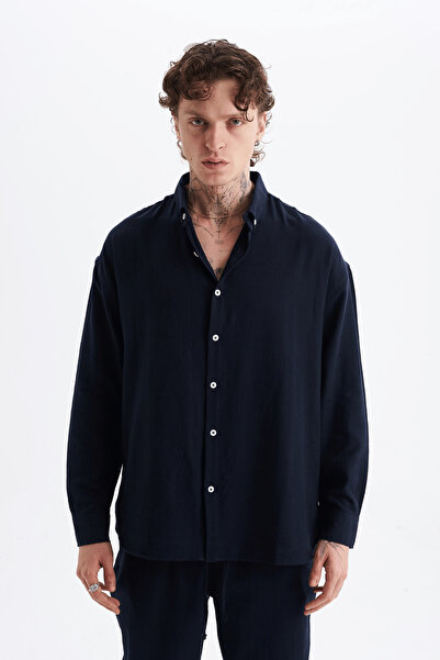 Danger Men's 100% Cotton Piece Linen Look Pants and Shirt Set Navy Blue