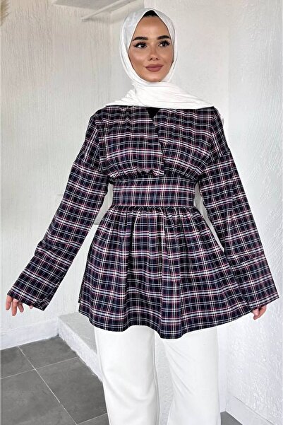 DİLARA GİYİM Double-Breasted Yaka Plaid Patterned Hijab Tunic