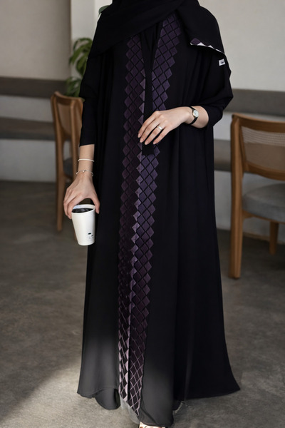 Karmen Salma's black abaya, royal crepe, quarter-circle cut with jacquard ins...