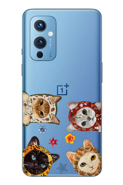 FLAMENKO حافظة هاتف شفافة متوافقة مع One Plus 9 Cute Cats منقوش