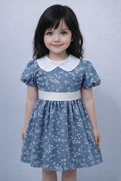 Terzim Ayşenur Момичешка синьо-бяла рокля с цветя 0 - 5 години