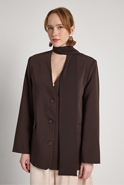 minaaise Women's Brown Scarf Detailed Lined Jacket 31001