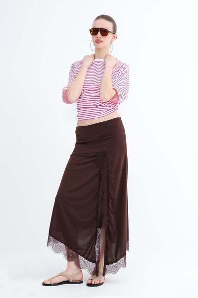 Addax Asymmetrical Cut Lace Detailed Skirt E381