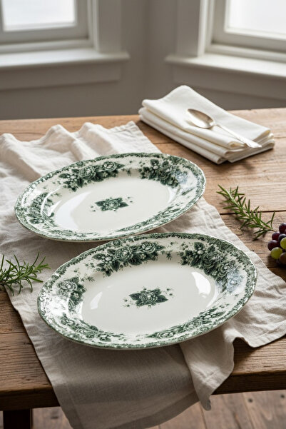 KÜTAHYA HOME Green Romance 2-Piece 25 cm Patterned Porcelain Kayık Salad Set ...