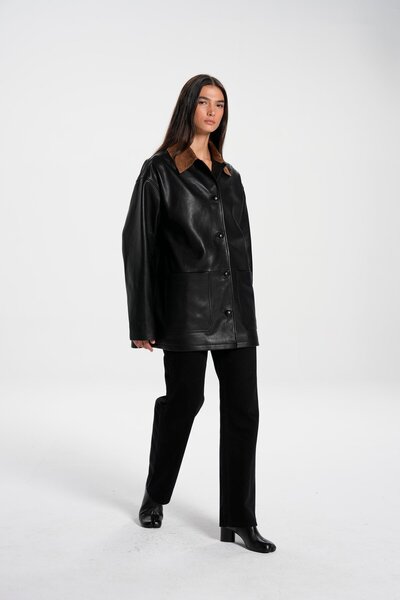 Beauty Omelette Siyah Kontrast Yaka Detaylı Deri Midi Ceket