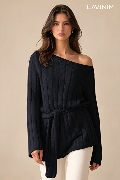 LAVİNİM Women's Premium Boat Neck Belt Piece Mercerized Knitwear