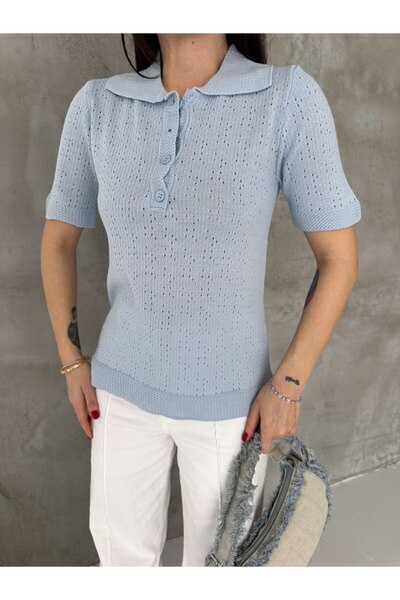 CLB COLLECTION Women's Black Polo Neck Short Sleeve Knitwear