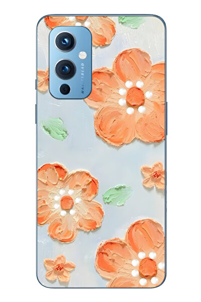 FLAMENKO حافظة هاتف شفافة متوافقة مع One Plus 9 بتصميم زهرة برتقالية زيتية منقوش