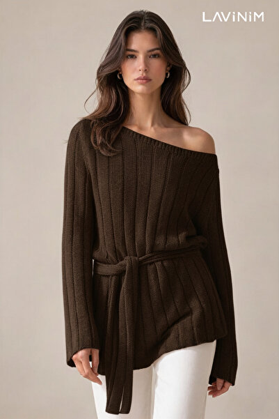 LAVİNİM Women's Premium Boat Neck Belt Piece Mercerized Knitwear