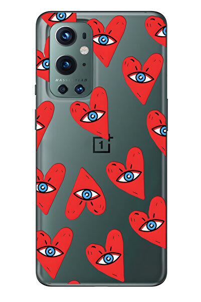 FLAMENKO One Plus 9 Pro Compatible Eyed Heart Patterned Transparent Phone Case