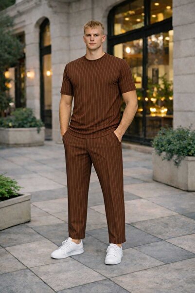 BRLKN Men's Stripe Detailed Crew Neck Crepe T-Shirt Tracksuit Set