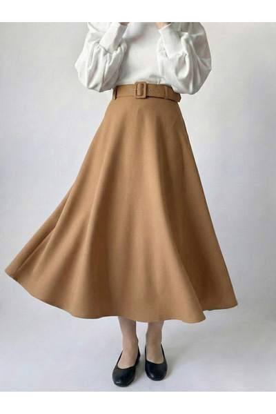 Foremia Belted Flared Skirt-Caramel