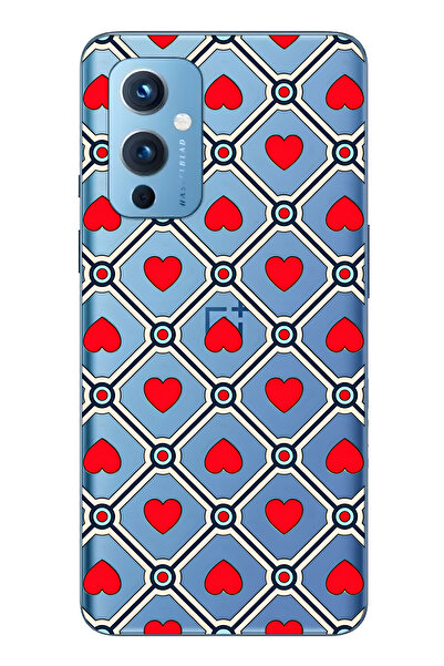 FLAMENKO حافظة هاتف شفافة متوافقة مع One Plus 9 باللون الأحمر القديم Heart منقوش