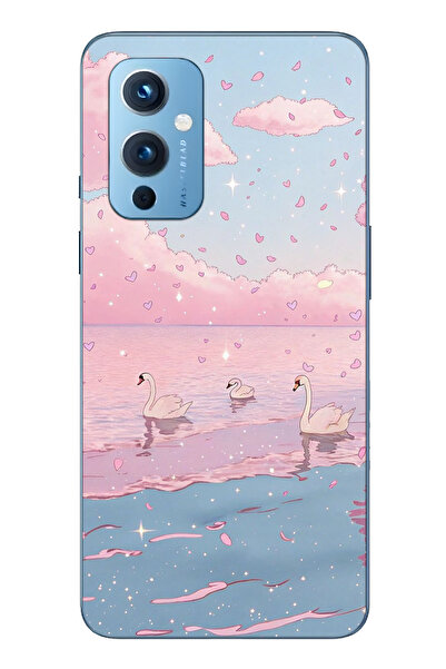 FLAMENKO حافظة هاتف شفافة متوافقة مع One Plus 9 باللون الوردي Sky and Swan منقوش