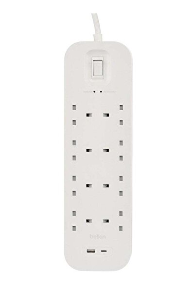 Belkin وصلة كهربائية بثمانية منافذ، سلك بطول مترين، 18 واط، منافذ USB-A و USB-C