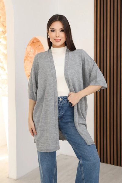 LOS VİLLİAN U Shawl Collar Short Sleeve Simple Basic Midi Length Seasonal Knitwear Cardigan