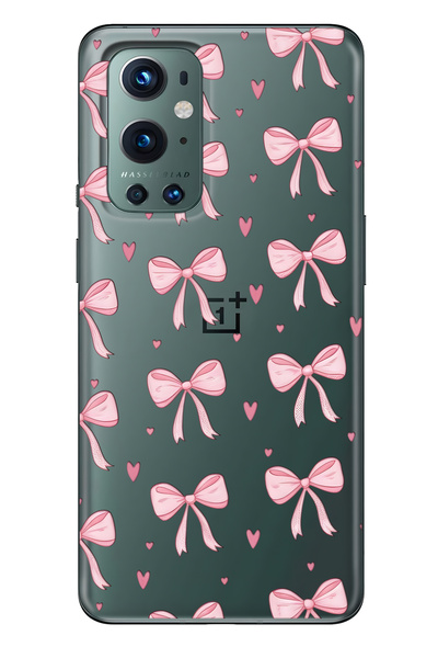 FLAMENKO One Plus 9 Pro Compatible Pink Bow Patterned Transparent Phone Case