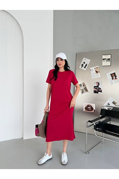 Veni Life Modal Fabric Crew Neck Slit Midi Dress