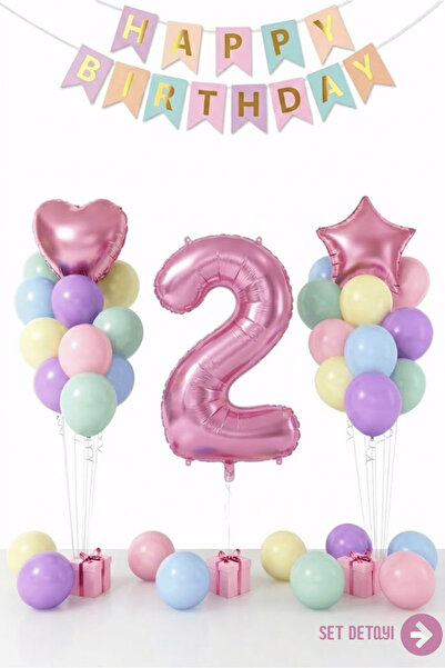 Bunloon Makaron 2 Yaş Doğum Günü Balon Seti Happy Birthday Parti Süsleri