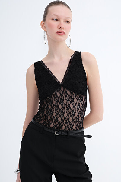 Addax V-Neck Lace Piece Blouse A383