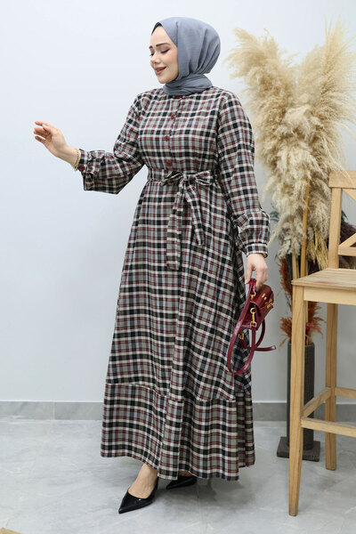Tesettür Dünyası Button-Front Plaid Dress Tsd260131 Gray