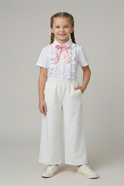 FATELLA Devojčice, ružičasta košulja sa mašnom i volanima, bele široke pantal...