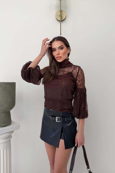 RB CLUB Bluză maro cu guler halter și mâneci tip balon, pachet de dantelă