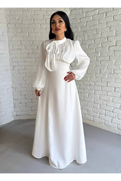 moneta boutique Juliet Collar Tie and Stone Detailed Hijab Evening Dress