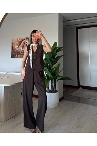 Quzu Kendinden Fularli Tencel Kumaş Yelek Pantolon Trend Takim Kahverengi