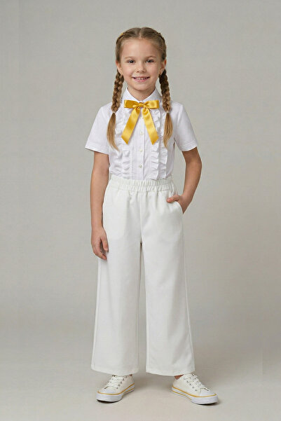 nacar çarşı Cămașă cu volane și fundă galbenă pentru fetițe, pantaloni albi c...