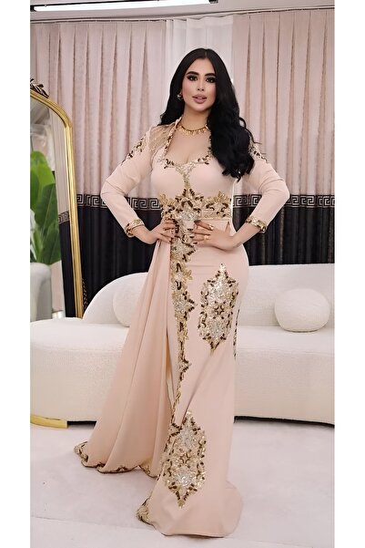 NHMODA تول فستان سهرة مطرز بأكمام طويلة وياقة