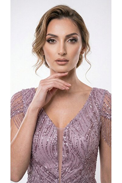 Lovely Dress Kadın Büyük Beden Payet İşlemeli Omuz Püsküllü V Yaka Uzun Abiye...